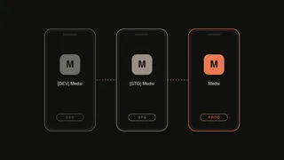 Three phones side by side showing the DEV, STG and PROD builds of the same app